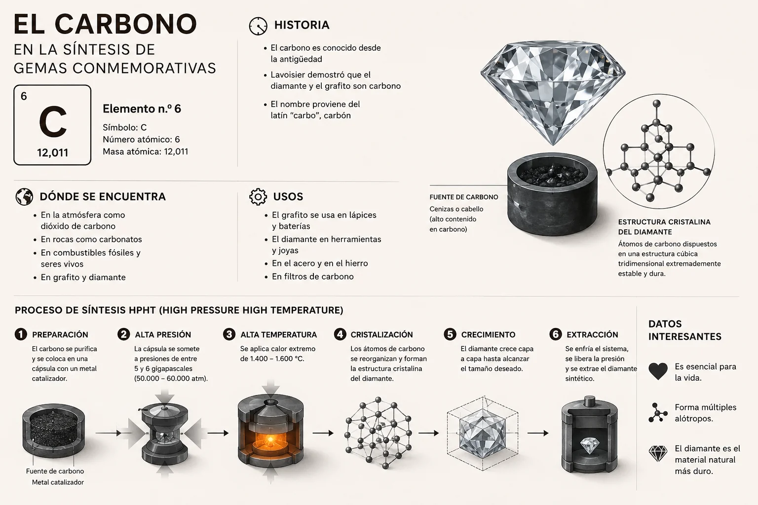 El papel del carbono en la síntesis de gemas conmemorativas
